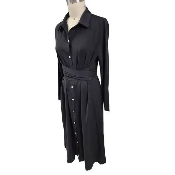 NWT Bebreez Chic 100% Polyester Shirt Dress Sash Tie Waist Black Sz L - Picture 2 of 7